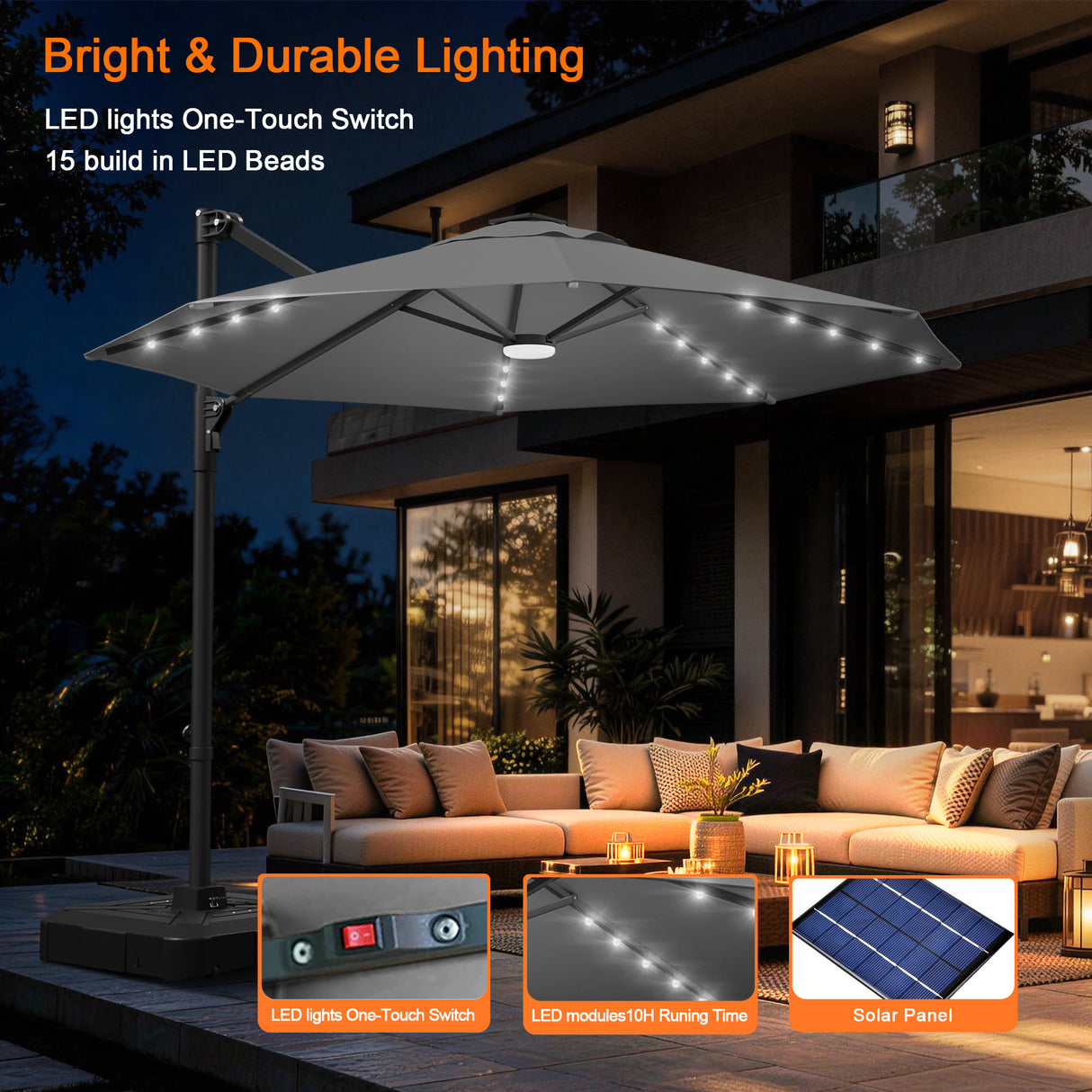 Patioslife Aegis 10ft Round Cantilever Patio Umbrella with solar LED lights | Premium Cover | Large Base