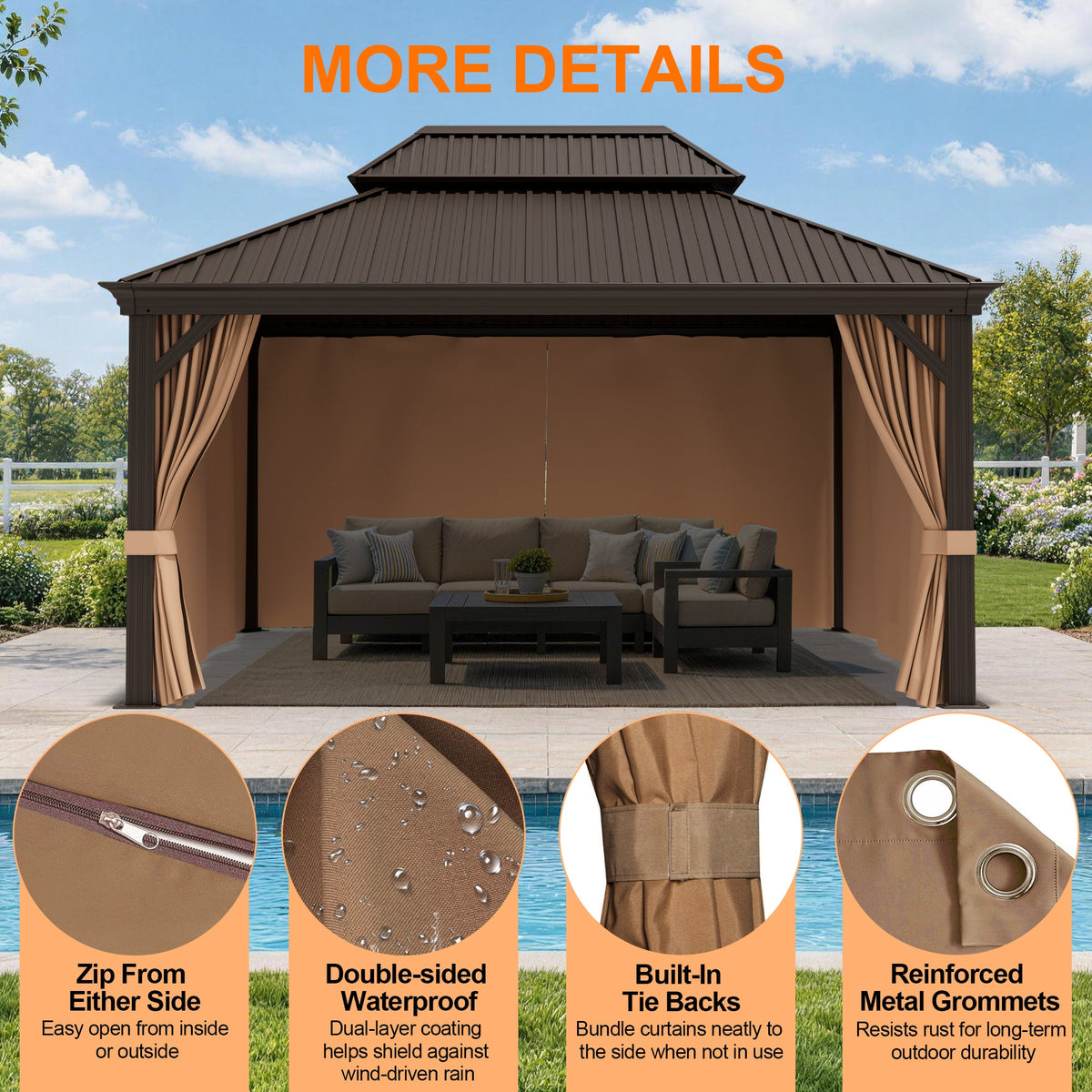 Patioslife Gazebo Replacement Curtain – 350GSM Solid Privacy Panel, Double Track Sliding Curtain for Outdoor Gazebo