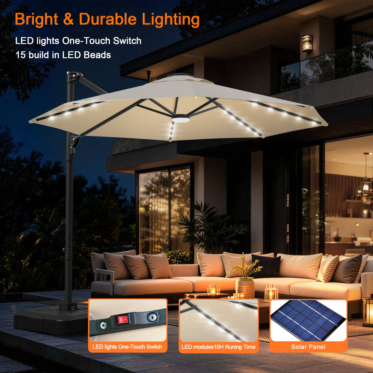 Patioslife Aegis 10ft Round Cantilever Patio Umbrella with solar LED lights | Premium Cover | Large Base