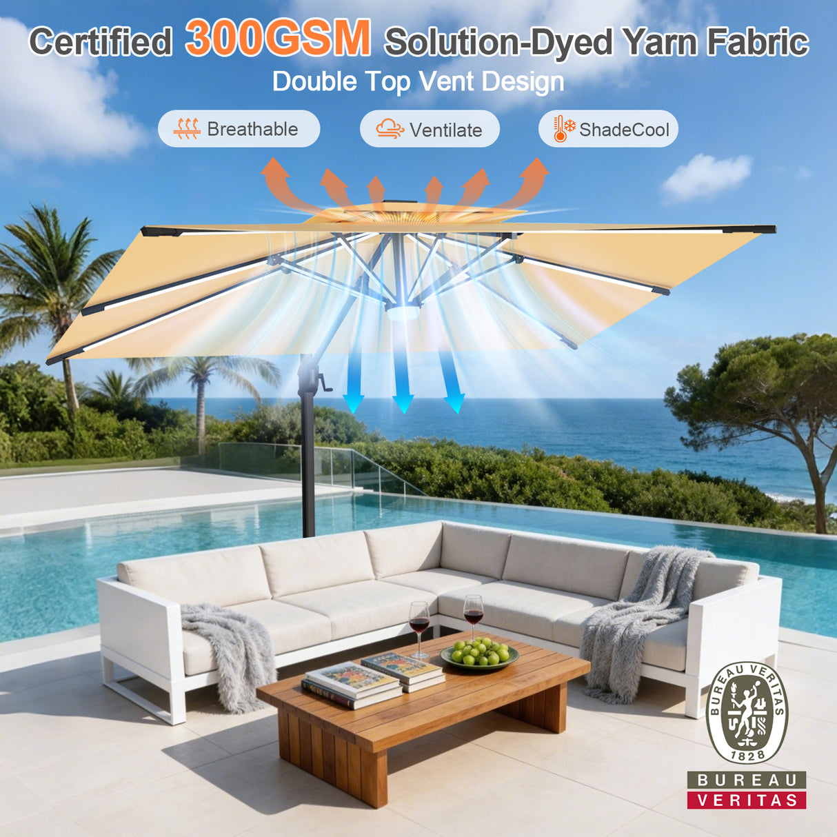 Patioslife Aegis Premium Cantilever Umbrella with Full-Rib LED Strip Lighting, Fibreglass Ribs, Powder-Coated Aluminium Pole & Protective Cover — Luxury Garden & Patio Shade