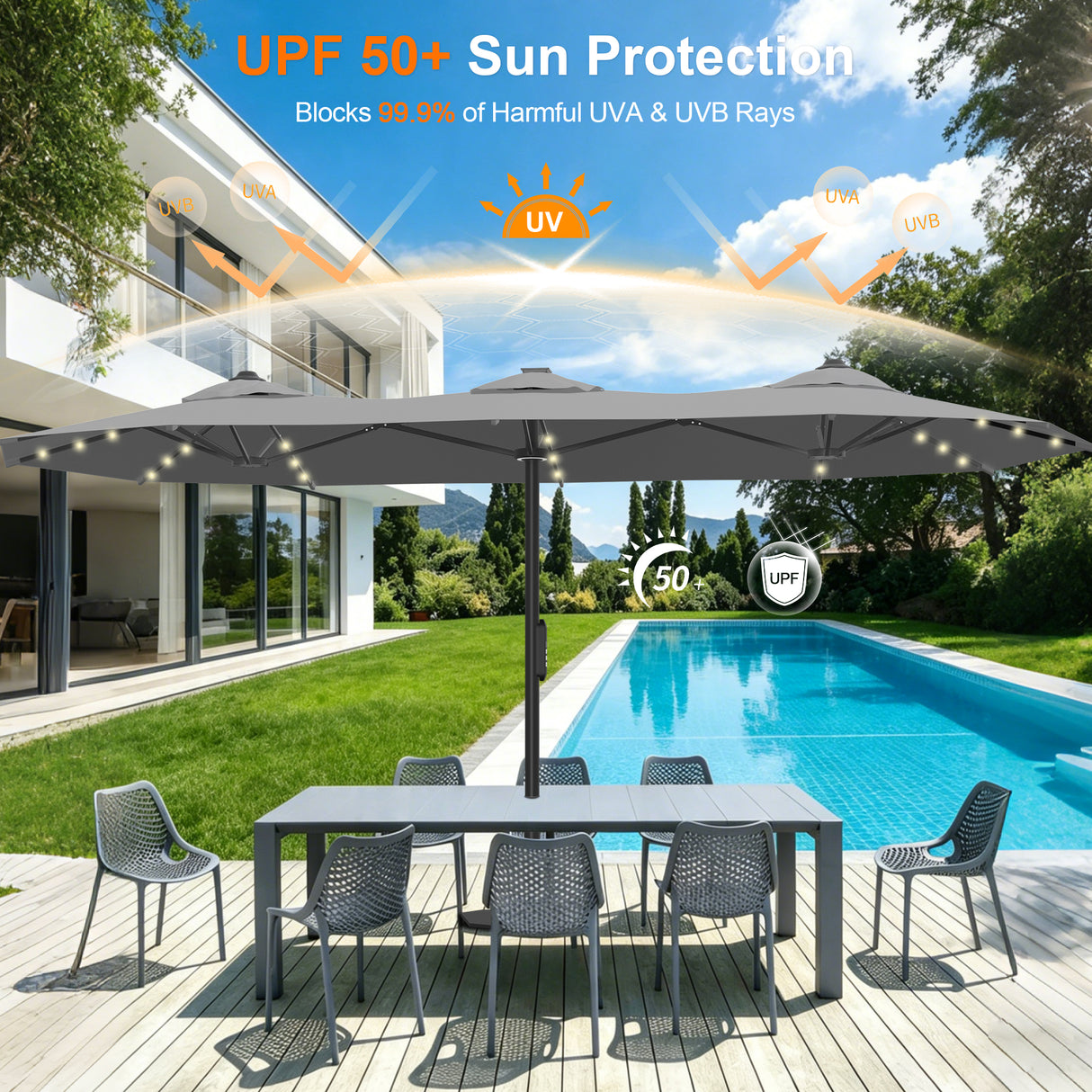 Patioslife Aegis Premium Motorized Double-Sided Patio Umbrella — Remote Control, UPF 50+, Solar LED & Windproof Frame