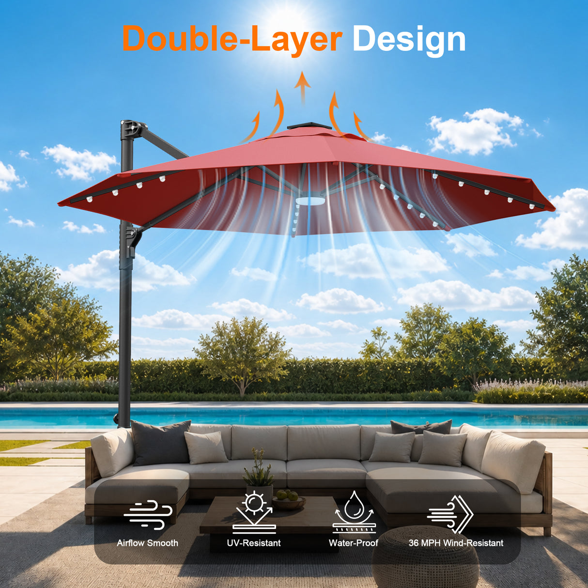 Patioslife Aegis 10ft Round Cantilever Patio Umbrella with solar LED lights | Premium Cover | Large Base