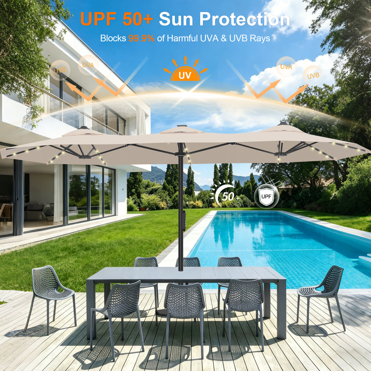 Patioslife Aegis Premium Motorized Double-Sided Patio Umbrella — Remote Control, UPF 50+, Solar LED & Windproof Frame