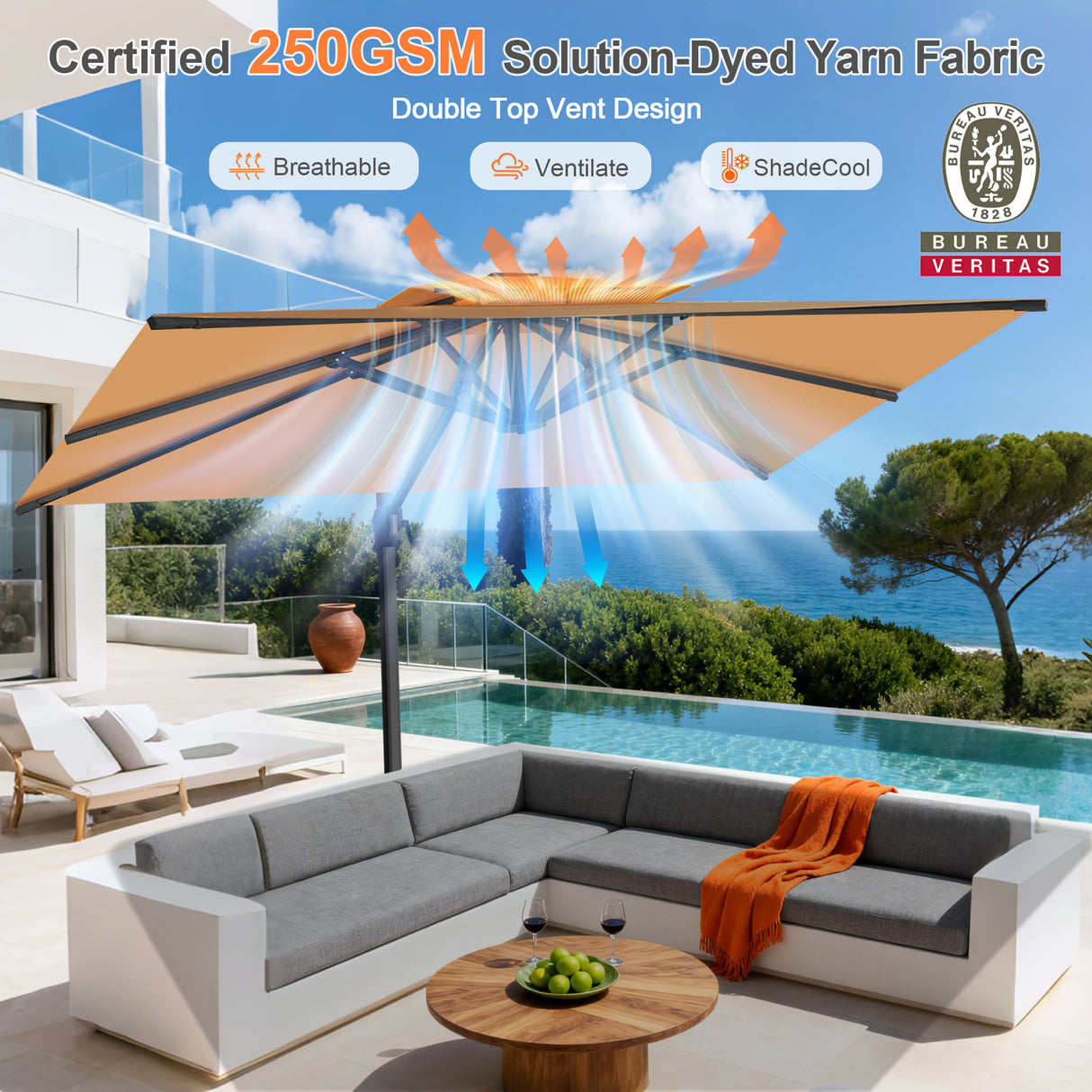 Patioslife Aegis Pro™ Cantilever Umbrella with Cross Metal Base, Reinforced & Powder-Coated Aluminium Ribs and Pole, Ideal for Garden & Patio