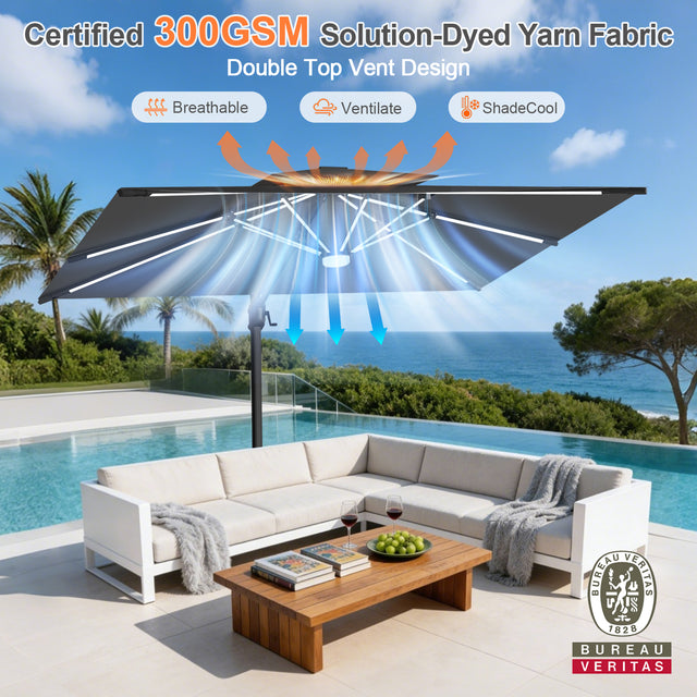 Patioslife Aegis Premium Cantilever Umbrella with Built-In LED Strip Lights and Reinforced Aluminum Ribs & Pole for Patios & Gardens