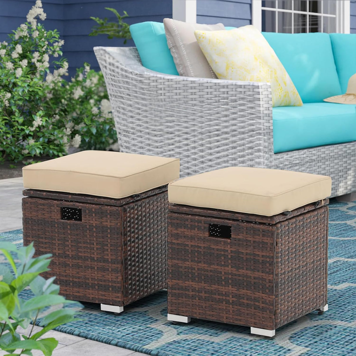 Patioslife Outdoor Ottoman with Storage – Grey PE Rattan Footrest with Thick Cushion for Patio or Pool
