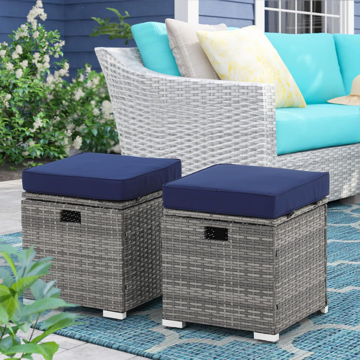 Patioslife Outdoor Ottoman with Storage – Grey PE Rattan Footrest with Thick Cushion for Patio or Pool