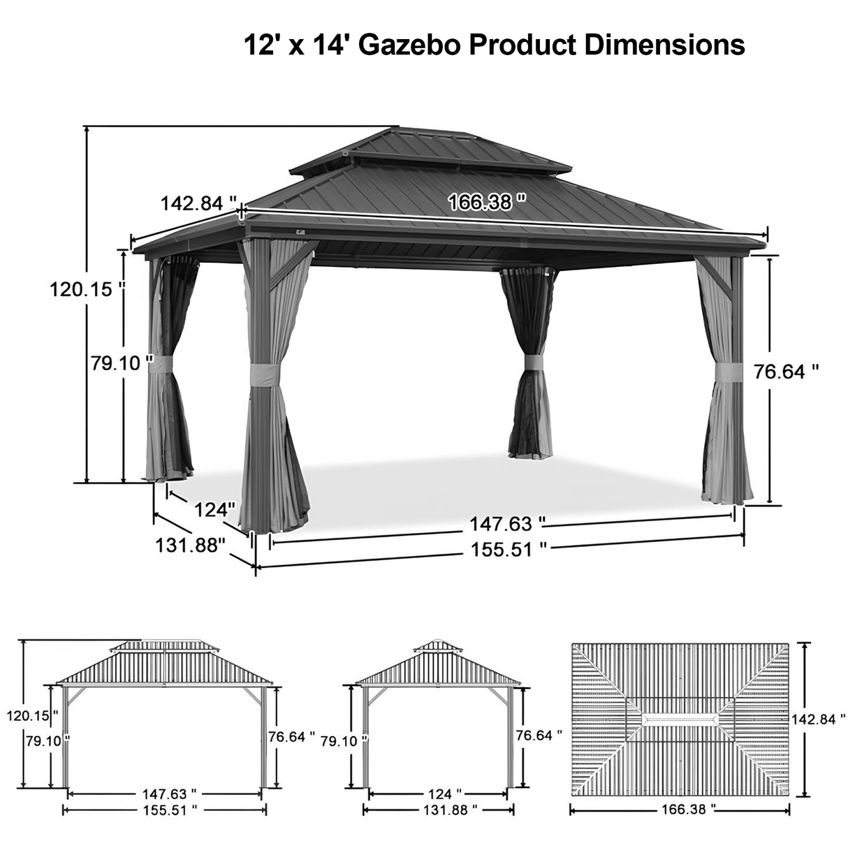 Patioslife Haven | Hardtop Gazebo with Wood Grain Aluminum Frame, Double Vented Roof & Curtains, Patio Pergola for Garden or Backyard