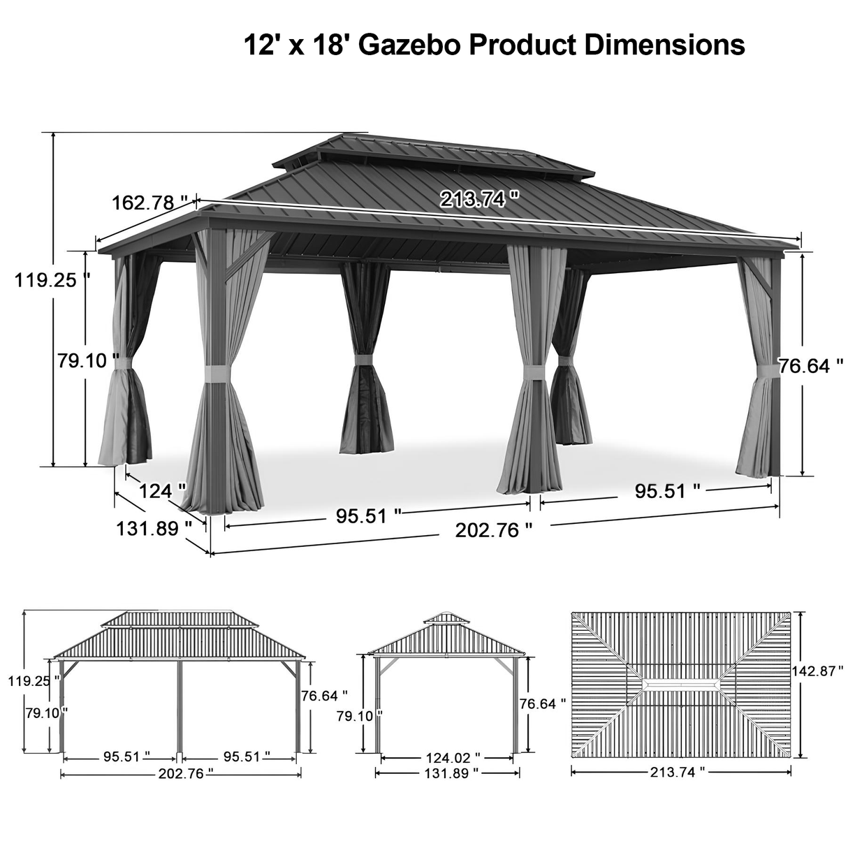 Patioslife Haven | Hardtop Gazebo with Wood Grain Aluminum Frame, Double Vented Roof & Curtains, Patio Pergola for Garden or Backyard