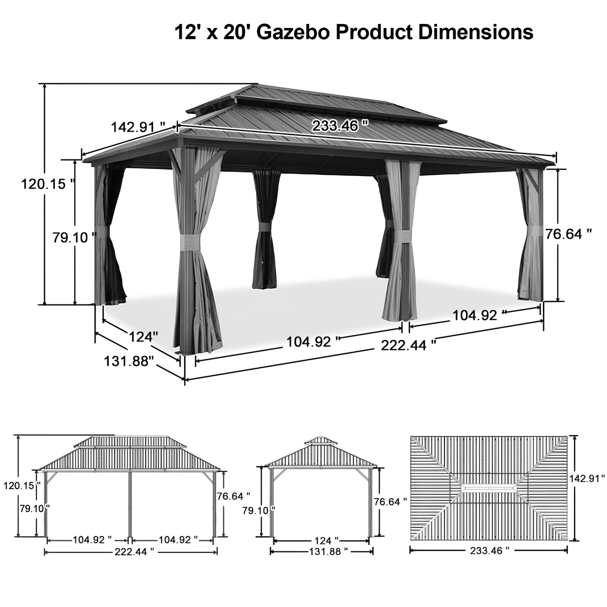 Patioslife Haven | Hardtop Gazebo with Wood Grain Aluminum Frame, Double Vented Roof & Curtains, Patio Pergola for Garden or Backyard