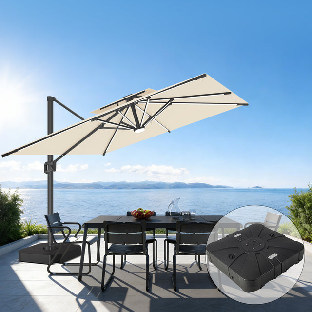 Patioslife 10x13 ftCream cantilever umbrella with LED lights and wheeled base for patio dining shade