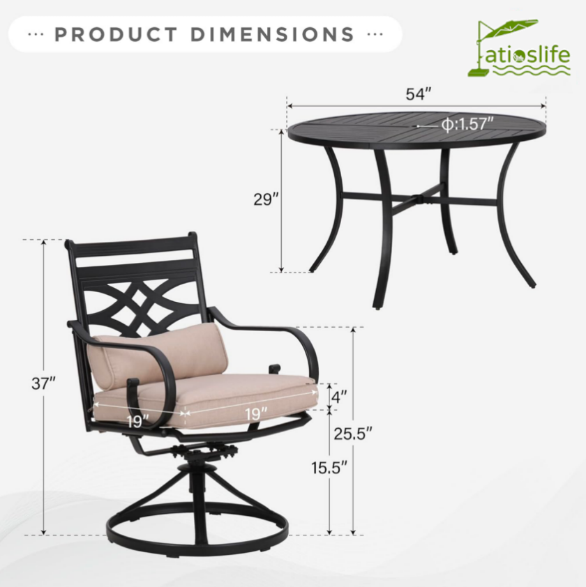 Patioslife 7 PCS Patio Dining Set – Rectangular Table with Umbrella Hole & 6 Cushioned Chairs for Backyard|Porch|Balcony|Deck