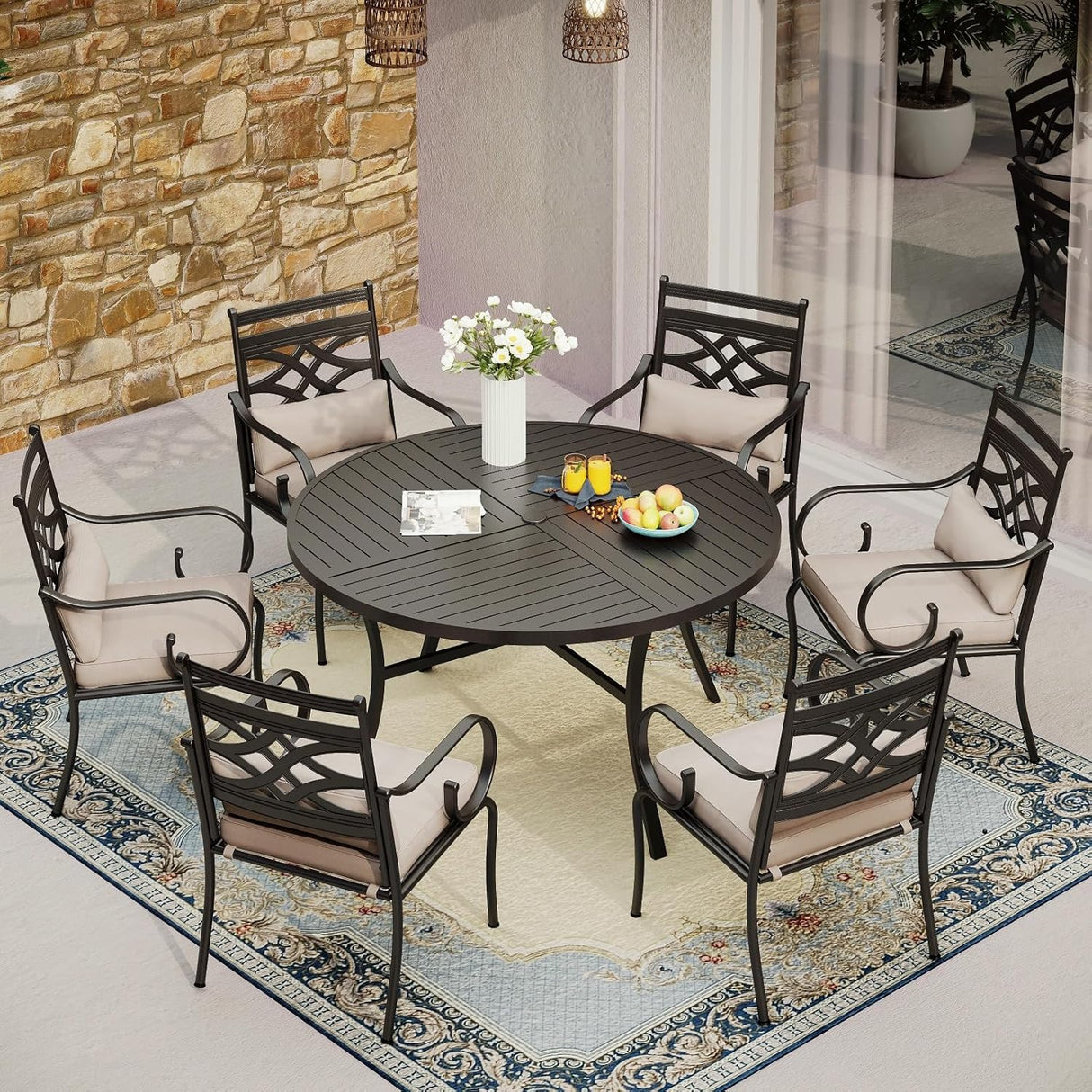 Patioslife 7 PCS Patio Dining Set – Rectangular Table with Umbrella Hole & 6 Cushioned Chairs for Backyard|Porch|Balcony|Deck