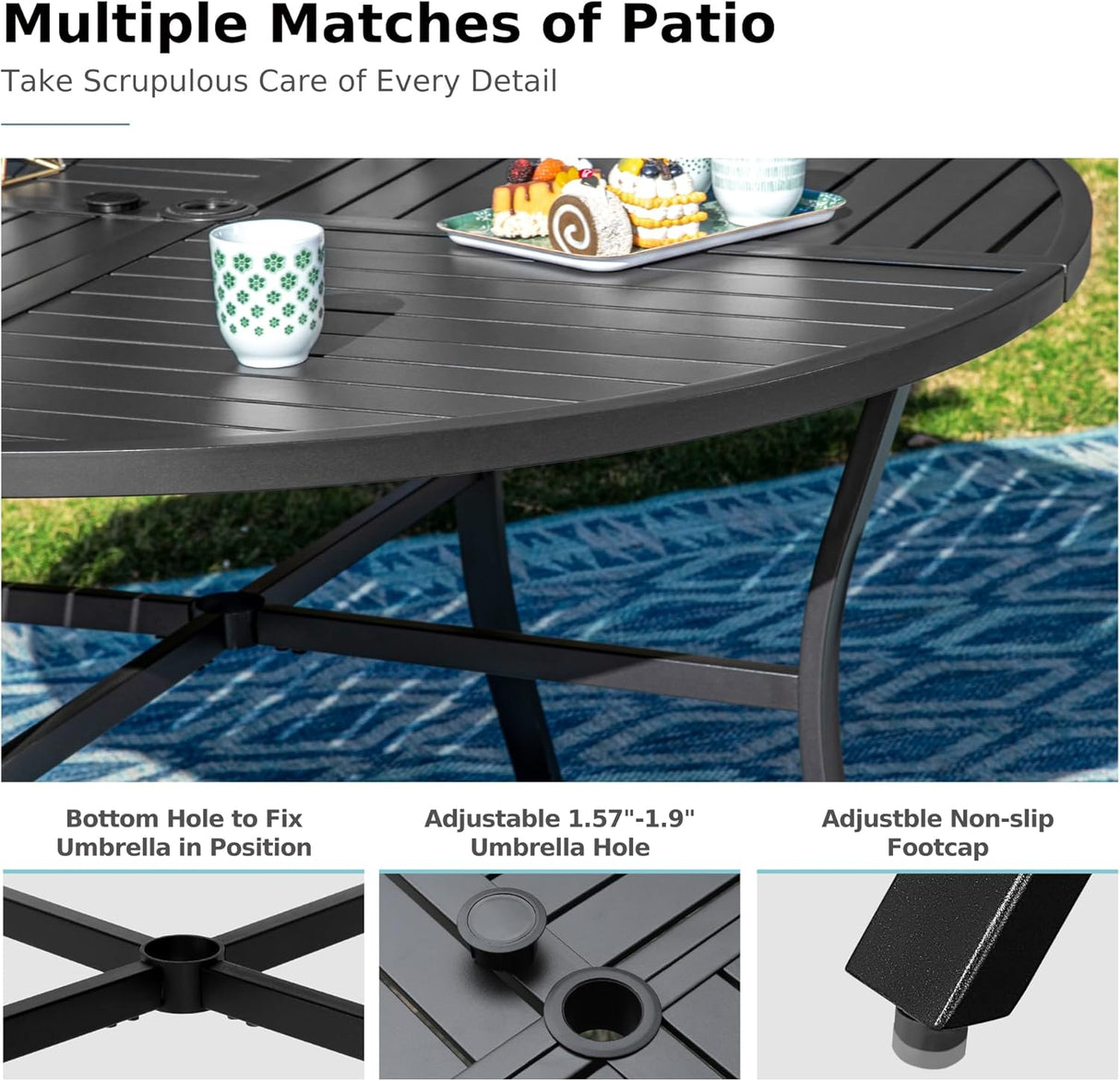 Patioslife 7 PCS Patio Dining Set – Rectangular Table with Umbrella Hole & 6 Cushioned Chairs for Backyard|Porch|Balcony|Deck