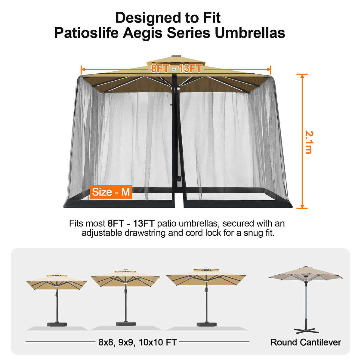 Patioslife Mosquito Net for Cantilever Patio Umbrella – Zippered Bug Netting Enclosure with Weighted Hem, Fits 8–13 ft Umbrellas