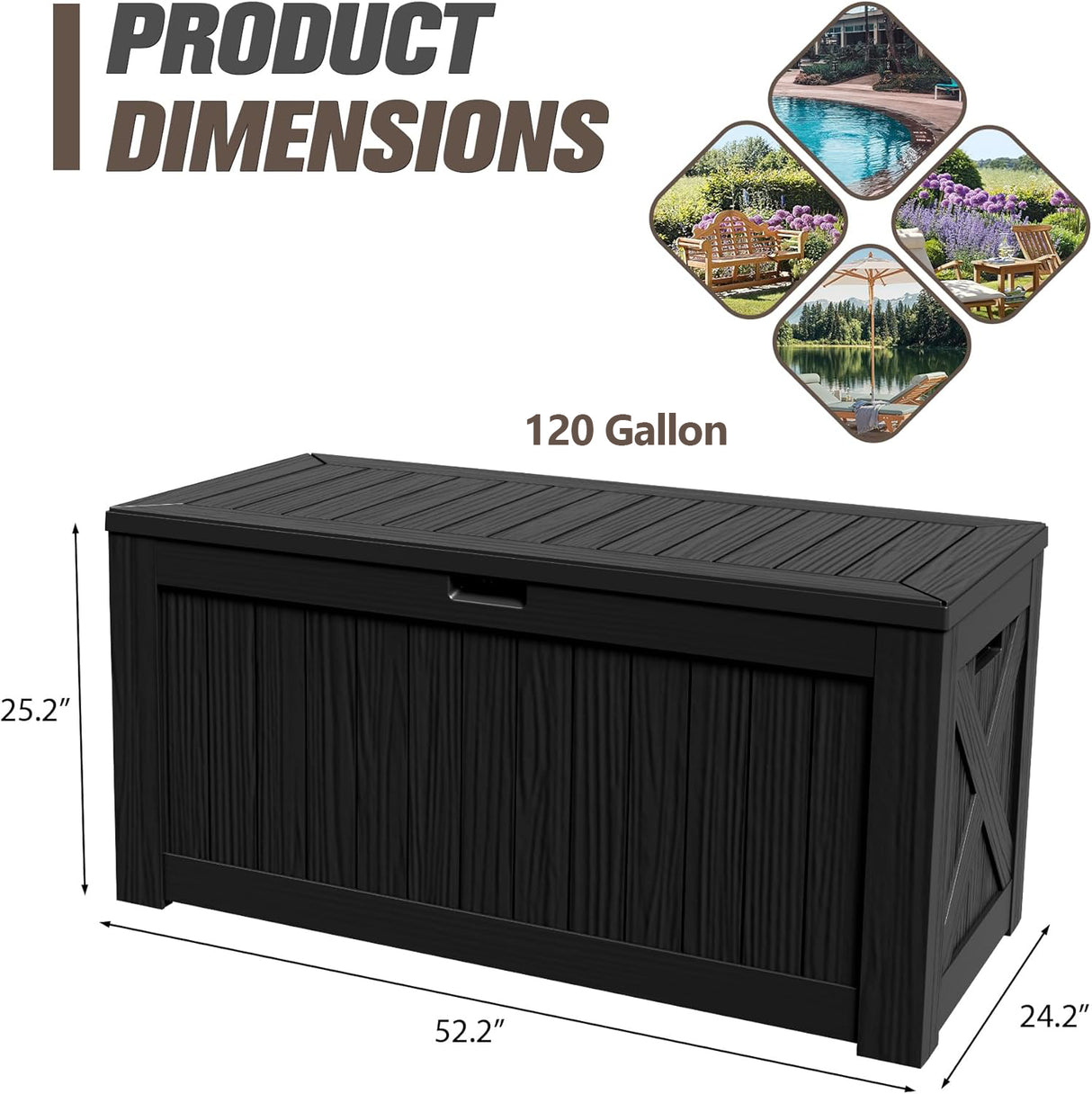 Patioslife 120 gallon deck box with lockable lid and hydraulic hinge, product details