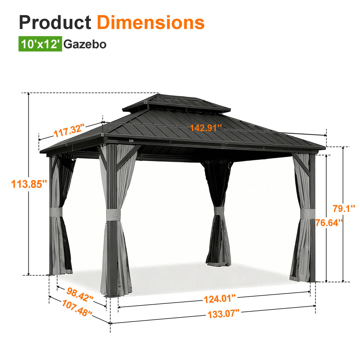 Patioslife grey 10x12ft gazebo dimensions diagram, hardtop outdoor pavilion size guide