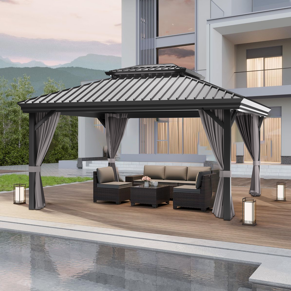 Patioslife grey 10x14ft hardtop gazebo with seating area by poolside, contemporary outdoor pavilion