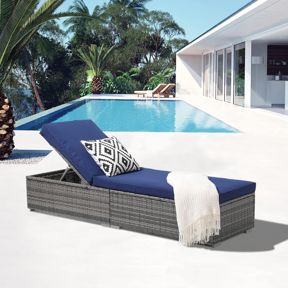 Patioslife Outdoor Reclining Chaise Lounges – Grey Rattan Adjustable Chairs with Cushions for Poolside & Garden