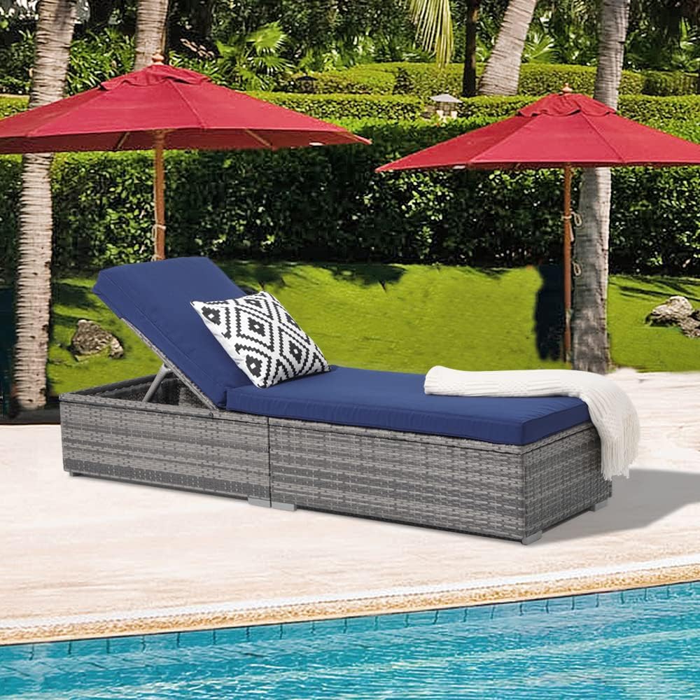 Patioslife Outdoor Reclining Chaise Lounges – Grey Rattan Adjustable Chairs with Cushions for Poolside & Garden