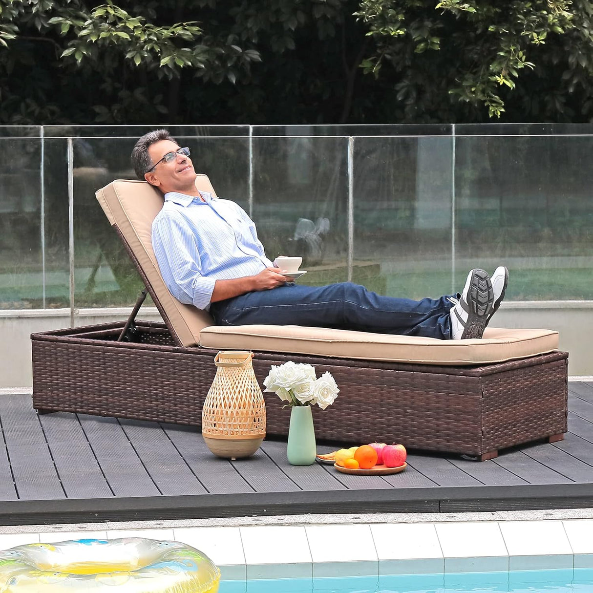 Patioslife Outdoor Reclining Chaise Lounges – Grey Rattan Adjustable Chairs with Cushions for Poolside & Garden