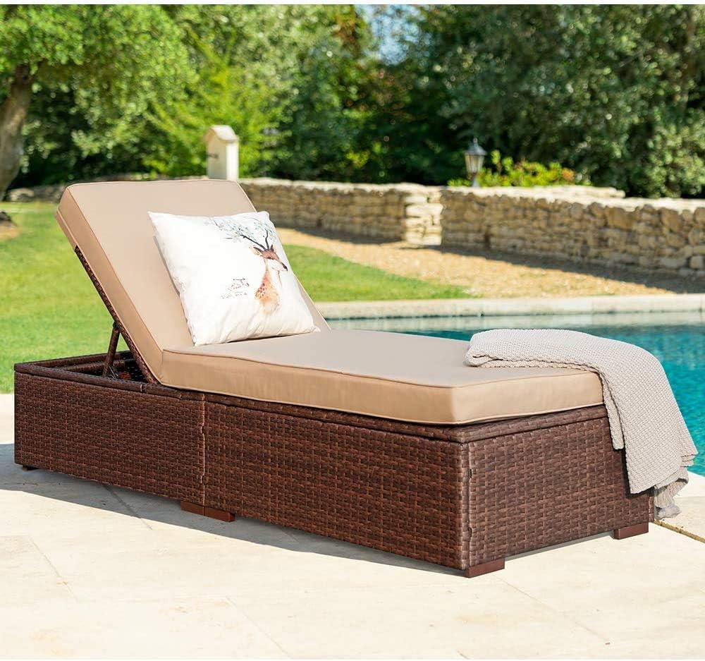 Patioslife Outdoor Reclining Chaise Lounges – Grey Rattan Adjustable Chairs with Cushions for Poolside & Garden