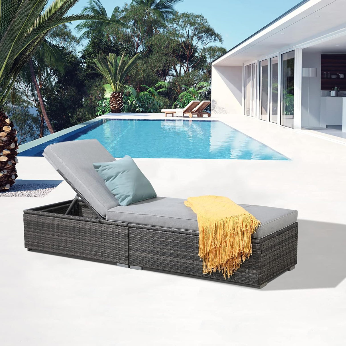 Patioslife Outdoor Reclining Chaise Lounges – Grey Rattan Adjustable Chairs with Cushions for Poolside & Garden