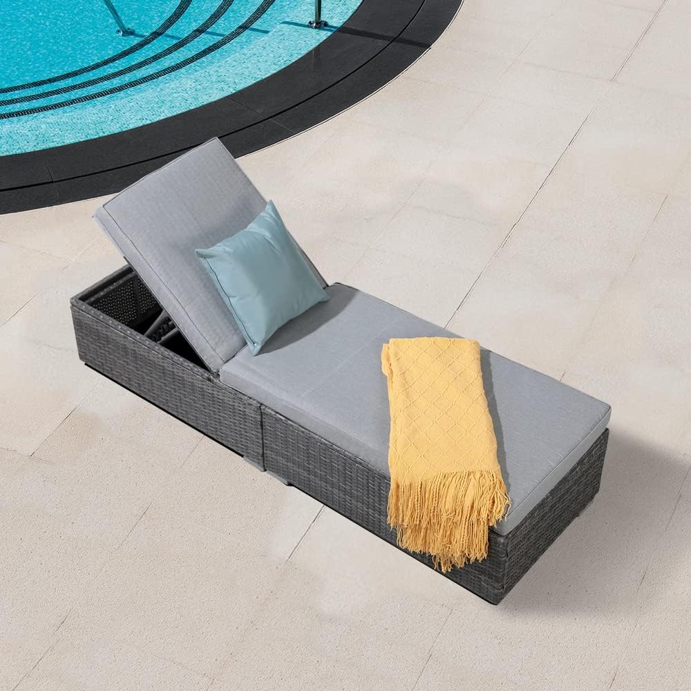 Patioslife Outdoor Reclining Chaise Lounges – Grey Rattan Adjustable Chairs with Cushions for Poolside & Garden