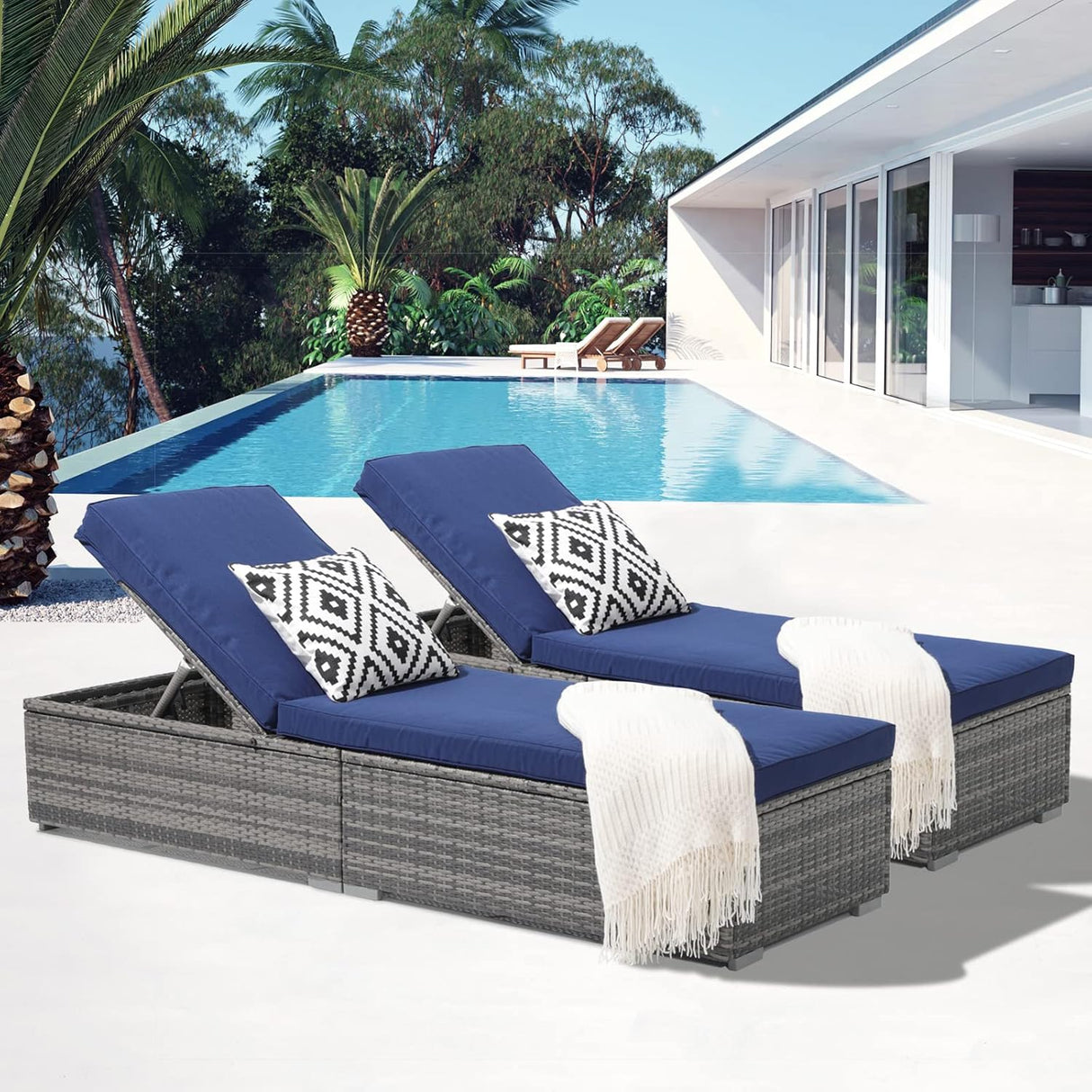 Patioslife Outdoor Reclining Chaise Lounges – Grey Rattan Adjustable Chairs with Cushions for Poolside & Garden