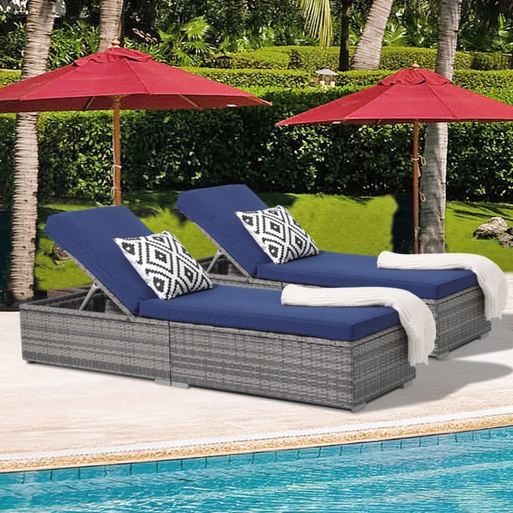 Patioslife Outdoor Reclining Chaise Lounges – Grey Rattan Adjustable Chairs with Cushions for Poolside & Garden