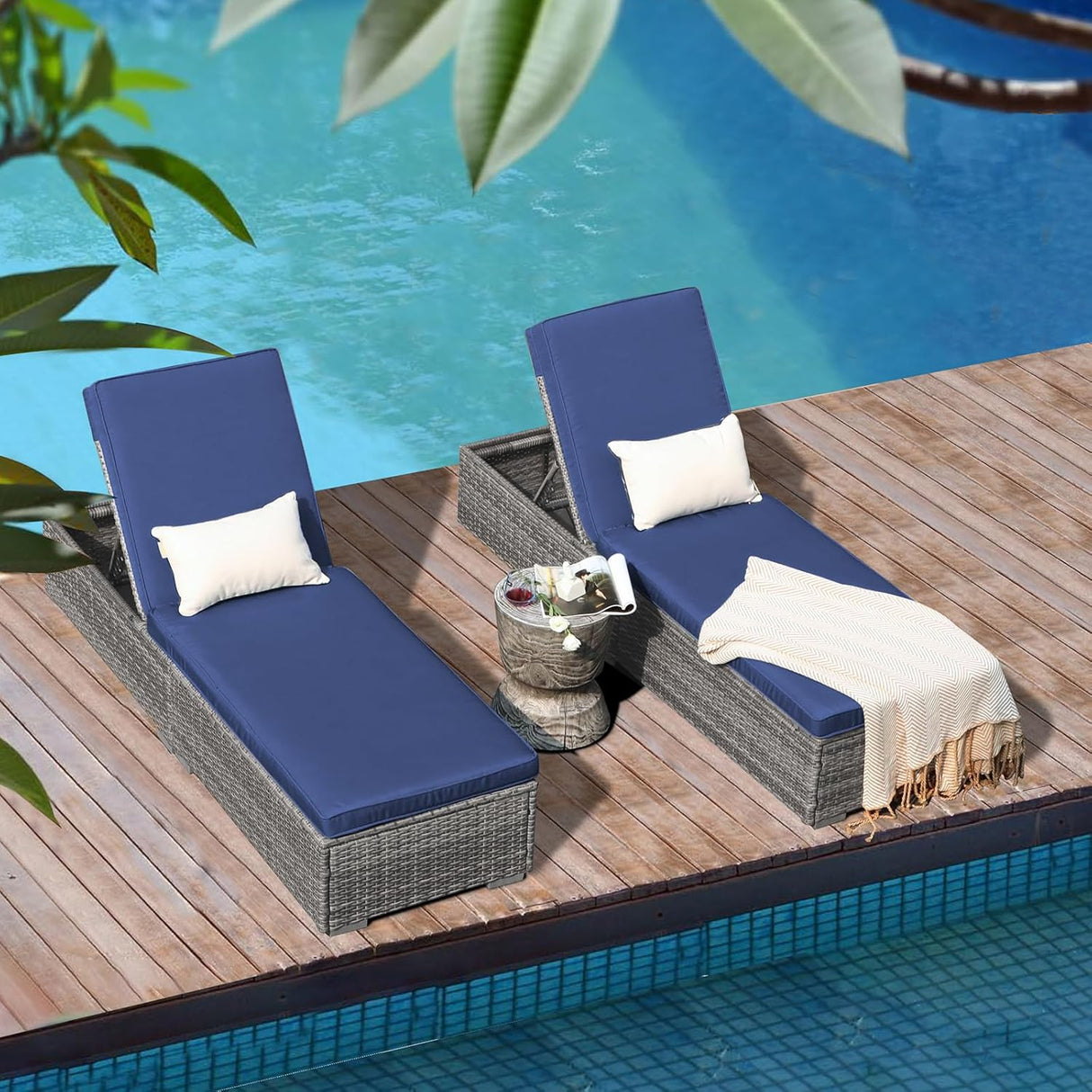 Patioslife Outdoor Reclining Chaise Lounges – Grey Rattan Adjustable Chairs with Cushions for Poolside & Garden