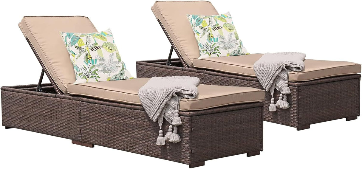 Patioslife Outdoor Reclining Chaise Lounges – Grey Rattan Adjustable Chairs with Cushions for Poolside & Garden