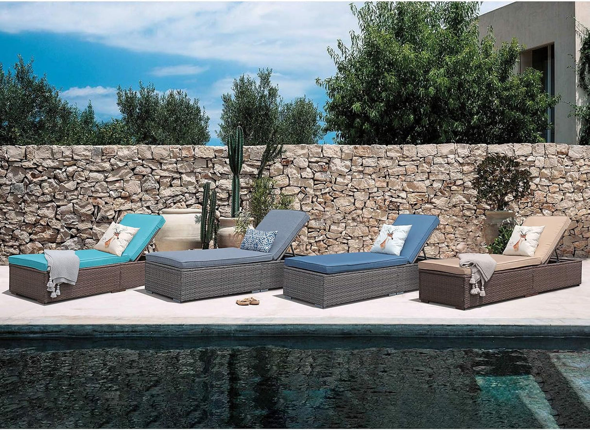 Patioslife Outdoor Reclining Chaise Lounges – Grey Rattan Adjustable Chairs with Cushions for Poolside & Garden