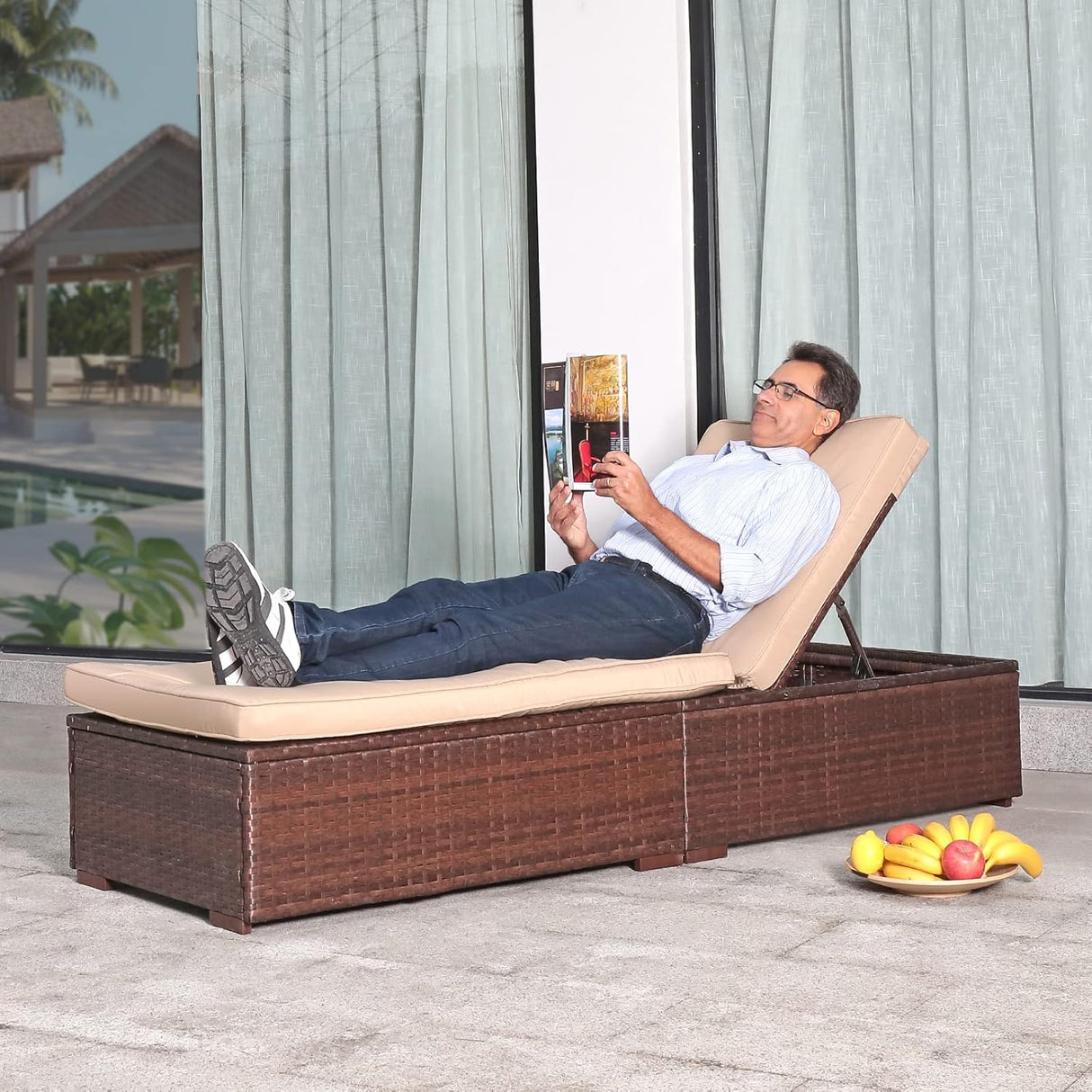 Patioslife Outdoor Reclining Chaise Lounges – Grey Rattan Adjustable Chairs with Cushions for Poolside & Garden