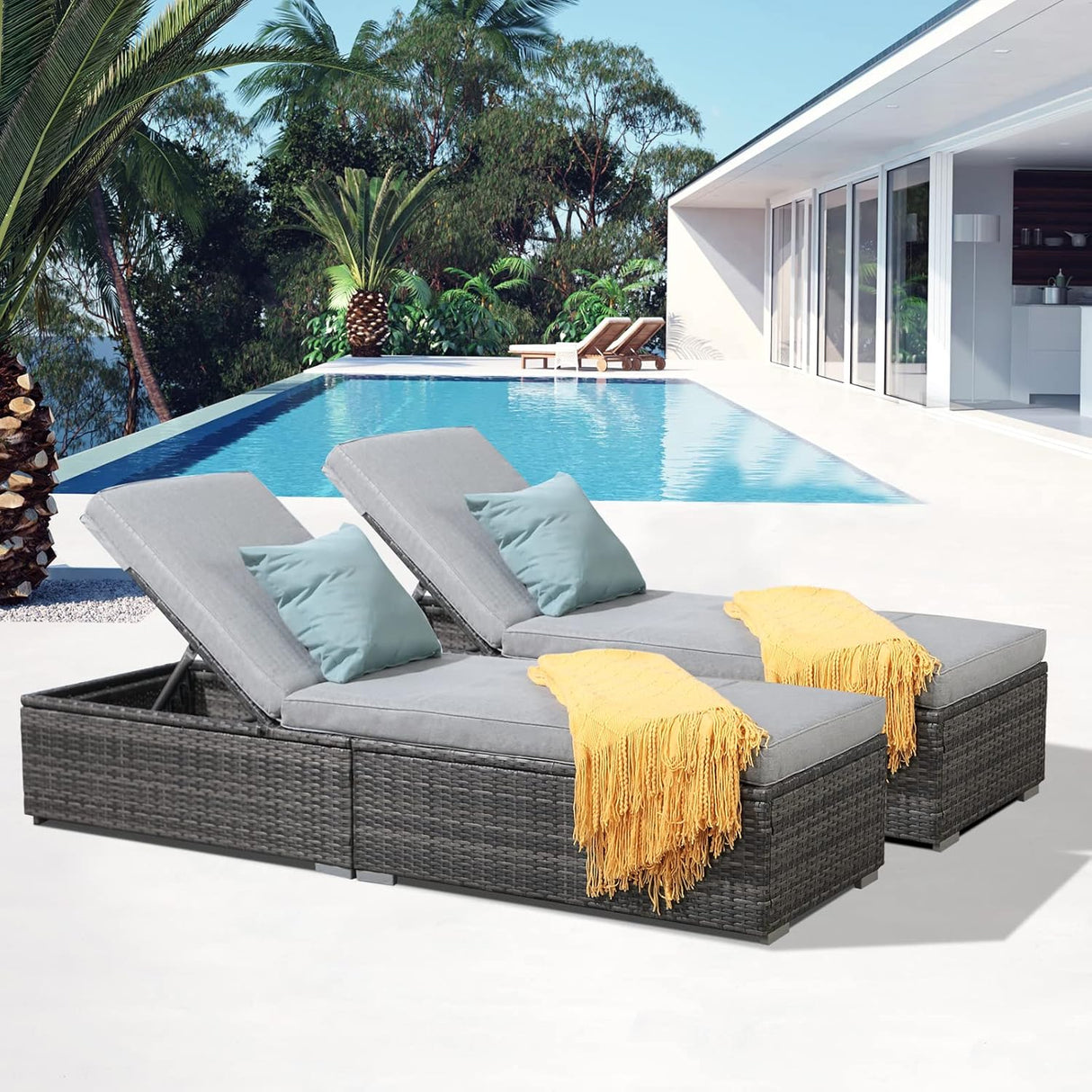 Patioslife Outdoor Reclining Chaise Lounges – Grey Rattan Adjustable Chairs with Cushions for Poolside & Garden