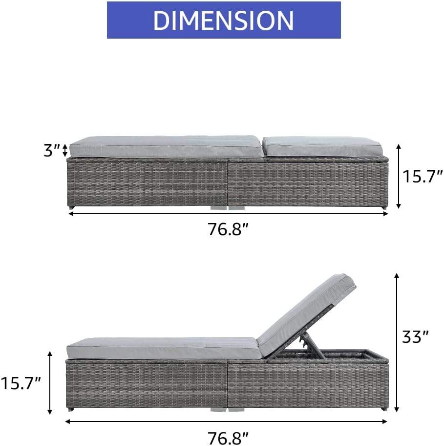 Patioslife Outdoor Reclining Chaise Lounges – Grey Rattan Adjustable Chairs with Cushions for Poolside & Garden