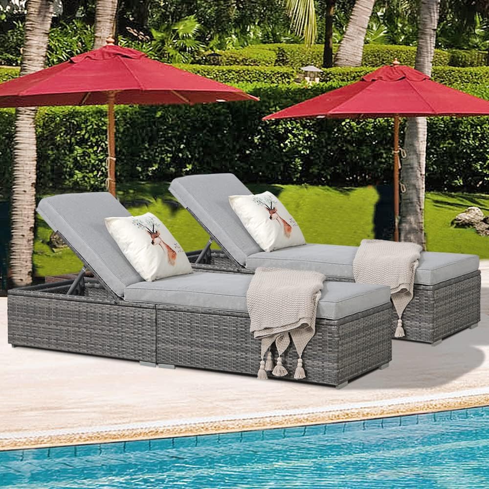 Patioslife Outdoor Reclining Chaise Lounges – Grey Rattan Adjustable Chairs with Cushions for Poolside & Garden