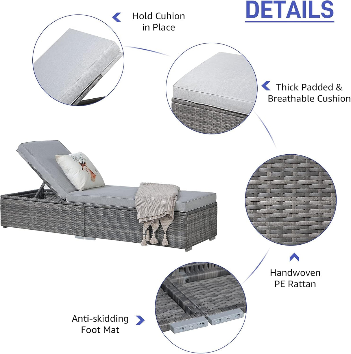 Patioslife Outdoor Reclining Chaise Lounges – Grey Rattan Adjustable Chairs with Cushions for Poolside & Garden