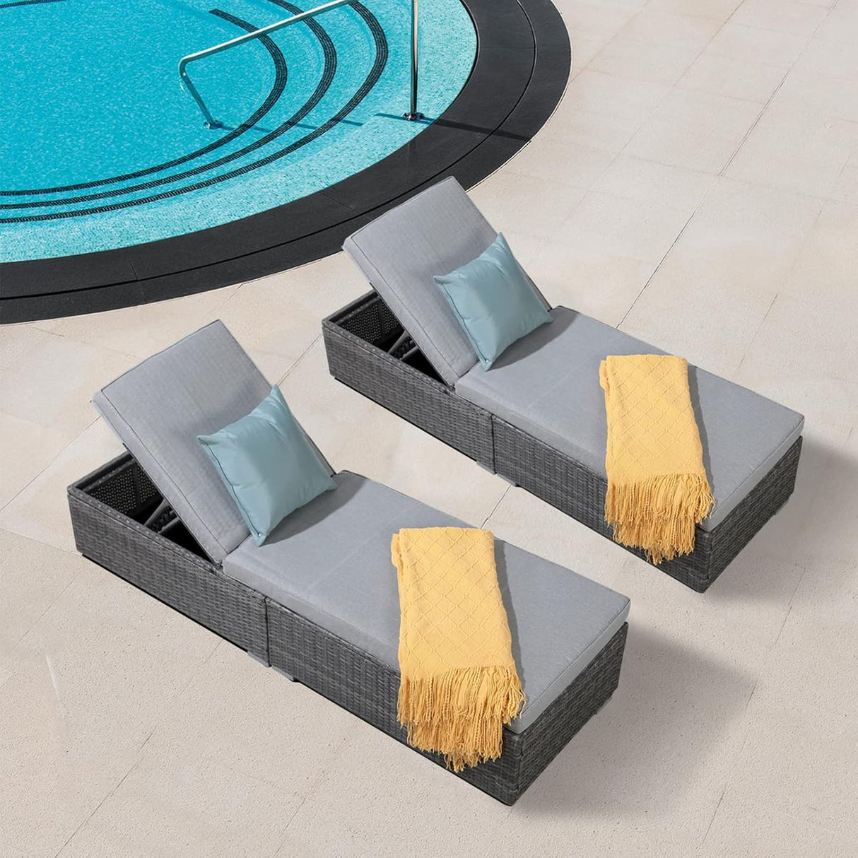 Patioslife Outdoor Reclining Chaise Lounges – Grey Rattan Adjustable Chairs with Cushions for Poolside & Garden