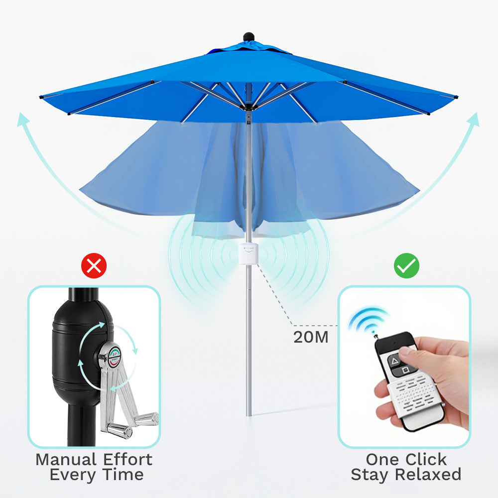 9ft Motorized Patio Umbrella – Remote Control, Easy Tilt Adjustment & Optional Base for Garden, Deck or Poolside Shade