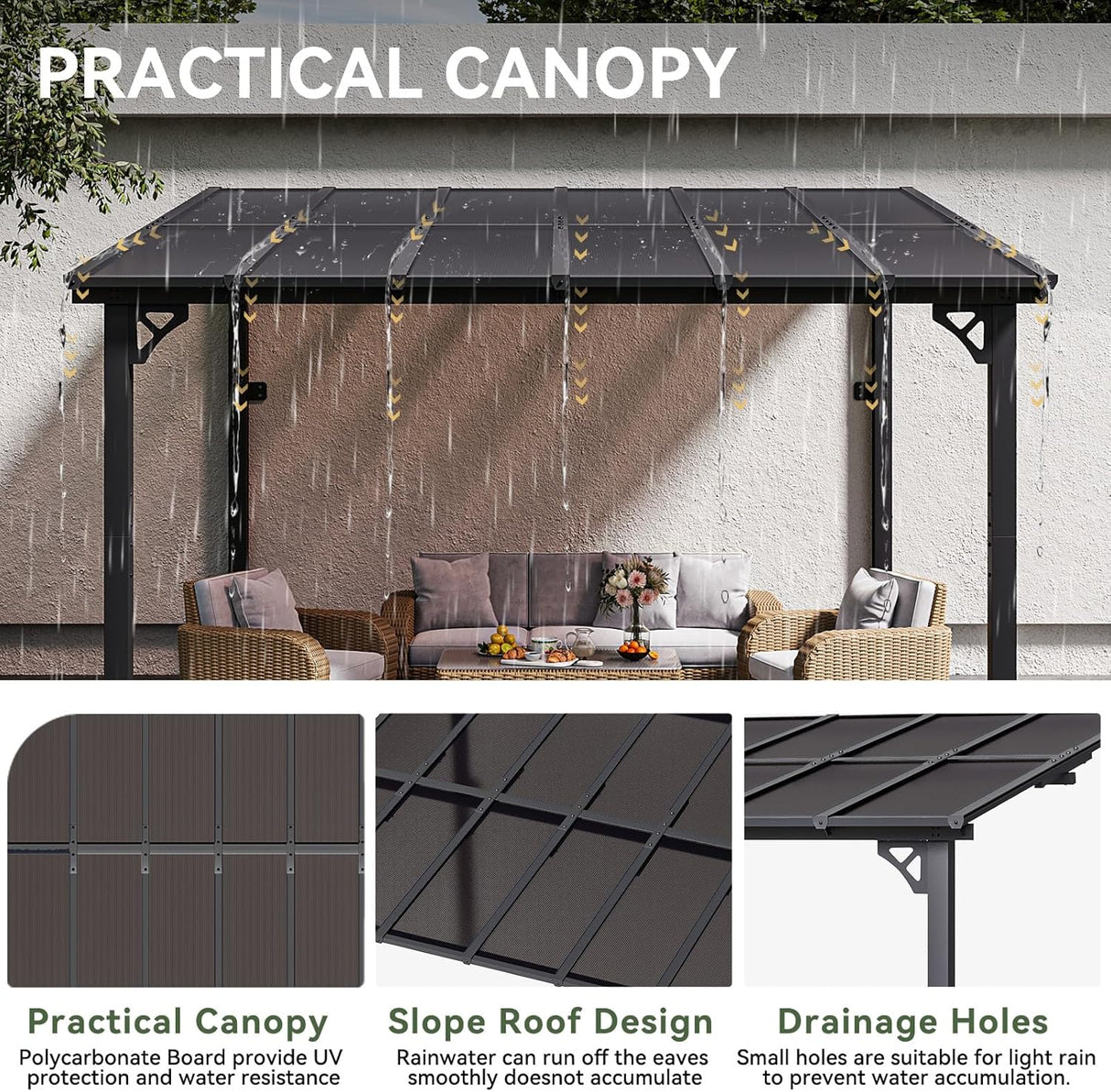 Patioslife waterproof patio pergola canopy with sloped roof design, drainage holes, and outdoor furniture for backyard shade.