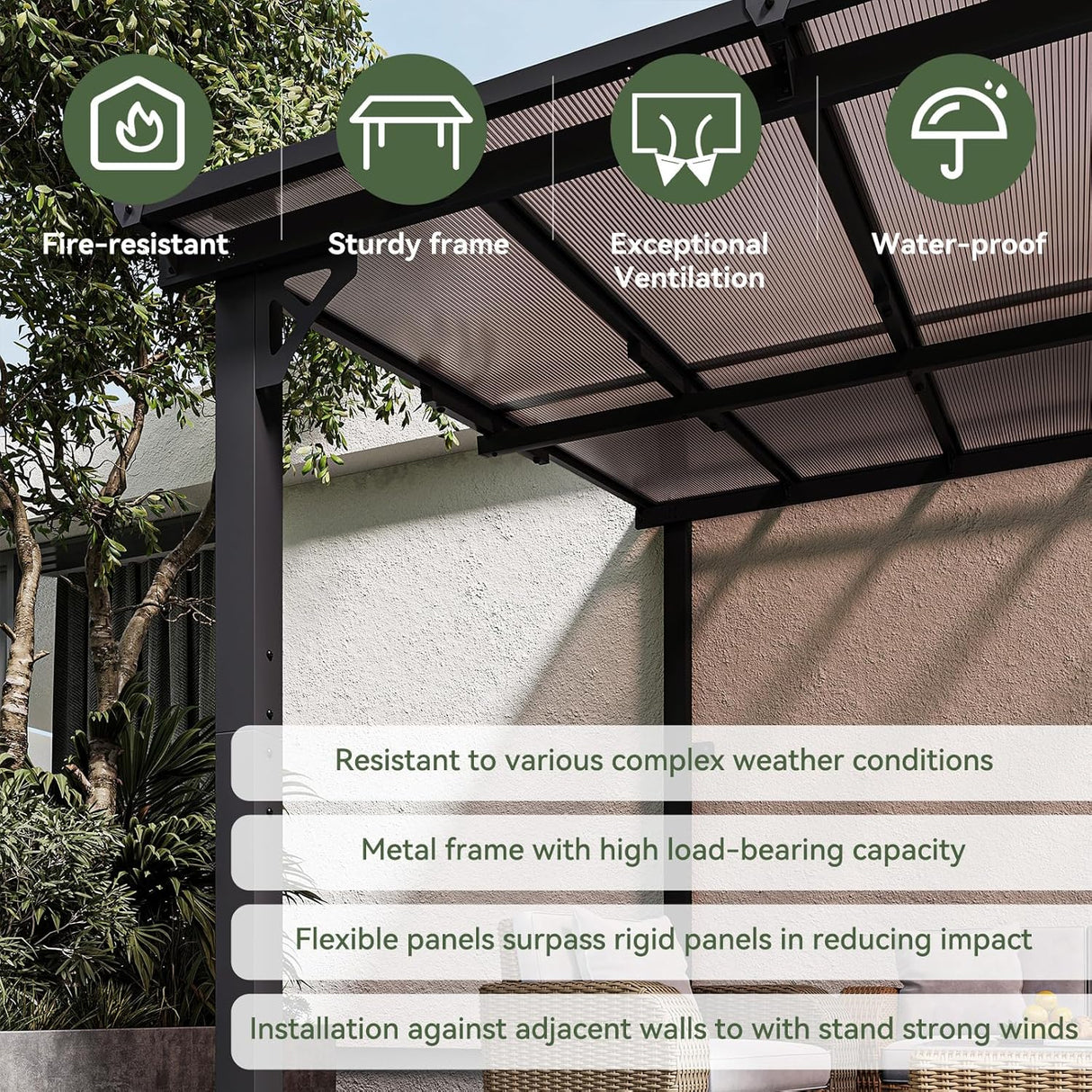 Patioslife wall mounted patio pergola with fire-resistant canopy, sturdy frame, ventilation, and waterproof outdoor roof panels.