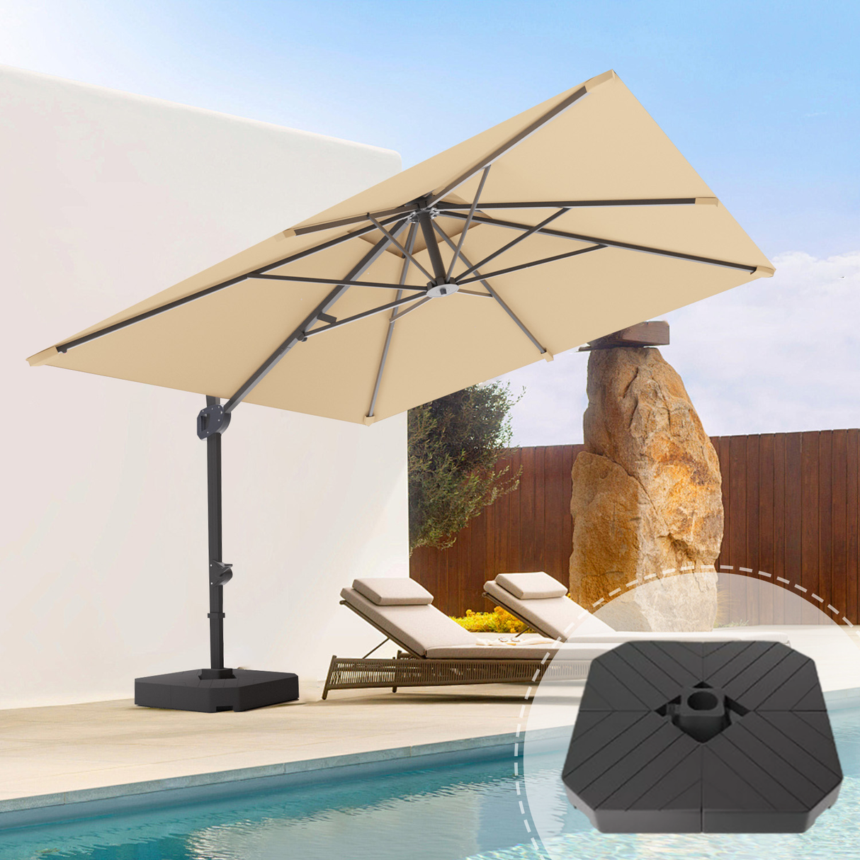 Patioslife Aegis Pro™ Cantilever Umbrella with Base & Protective Cover — Fibreglass Ribs & Powder-Coated Aluminium Pole for Garden & Patio