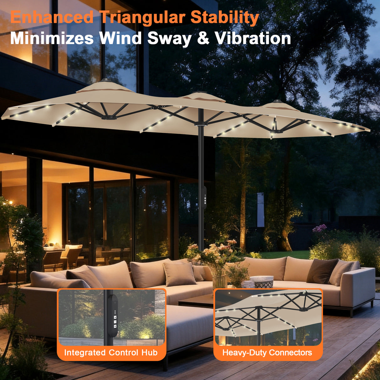 Patioslife Aegis Premium Motorized Double-Sided Patio Umbrella — Remote Control, UPF 50+, Solar LED & Windproof Frame