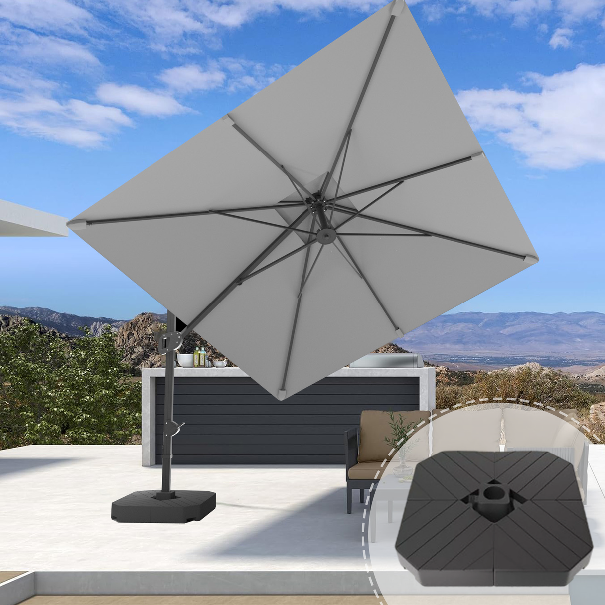 Patioslife Aegis Pro™ Cantilever Umbrella with Base & Protective Cover — Fibreglass Ribs & Powder-Coated Aluminium Pole for Garden & Patio