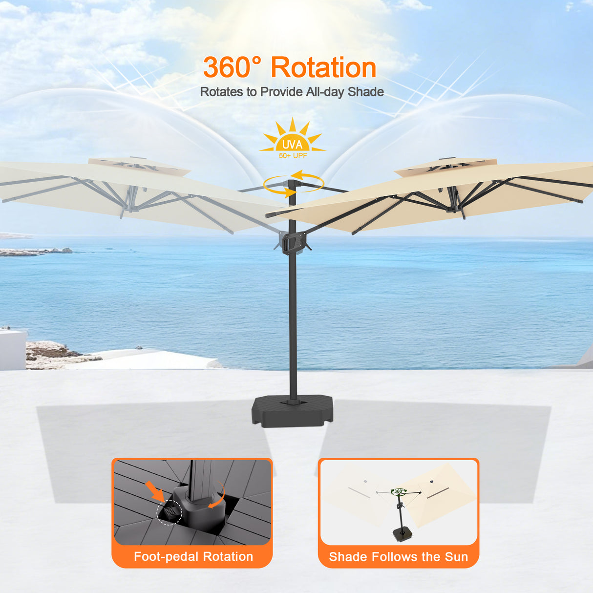 Patioslife Aegis Pro™ Cantilever Umbrella with Cross Metal Base, Reinforced & Powder-Coated Aluminium Ribs and Pole, Ideal for Garden & Patio