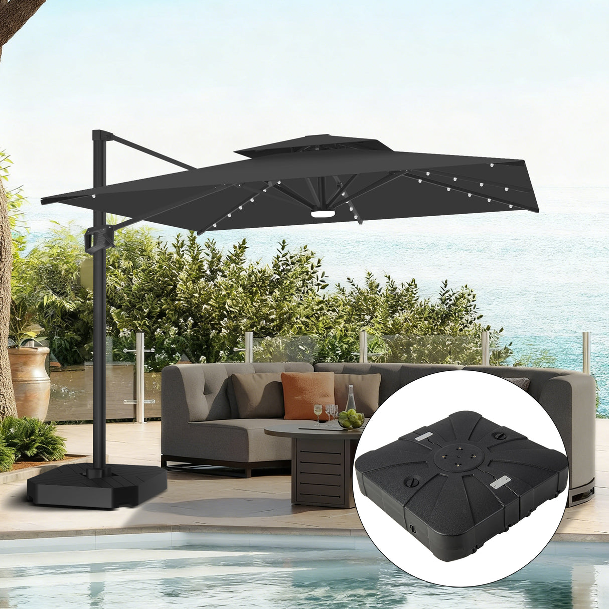 Patioslife 10x13ft black cantilever umbrella with LED lights and heavy duty base for outdoor patio and poolside shade
