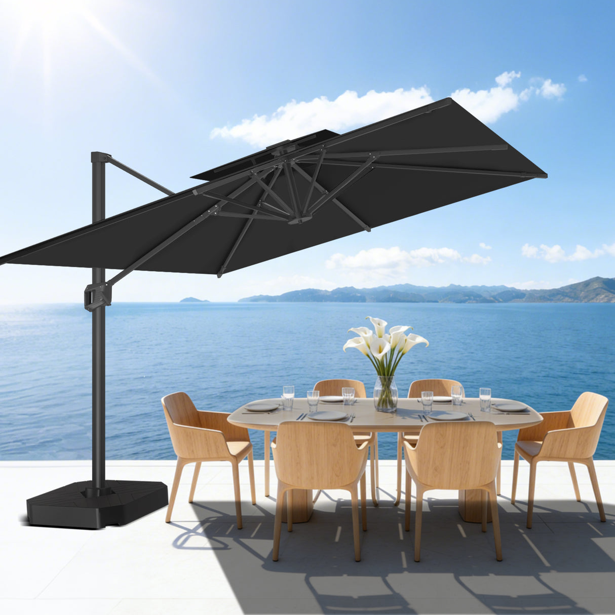 Patioslife 10x13 ft black cantilever umbrella shading wooden dining chairs on modern ocean view patio