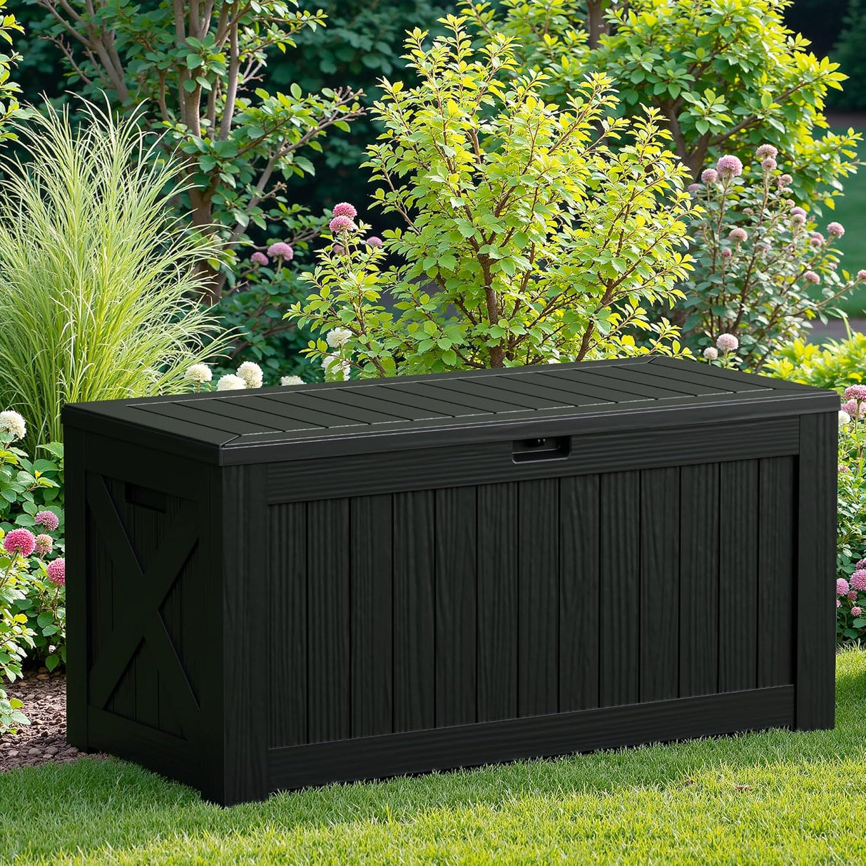 Patioslife120 gallon weatherproof storage box, garden setting with greenery