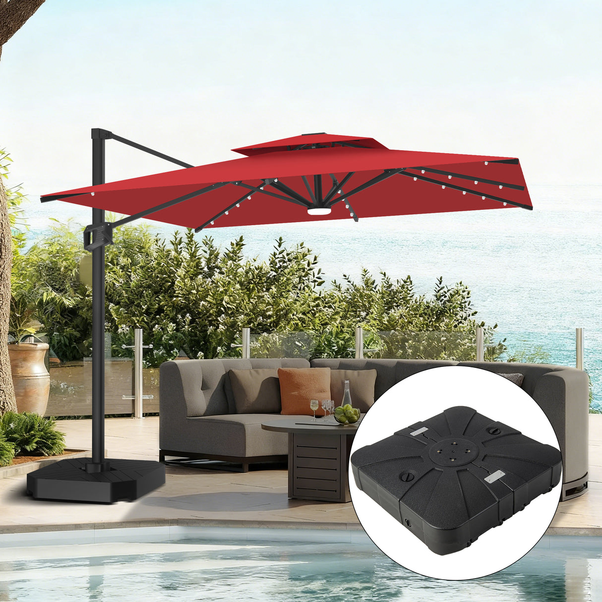 Patioslife 10x13ft burgundy cantilever patio umbrella with LED lights and weighted base for poolside lounge shade